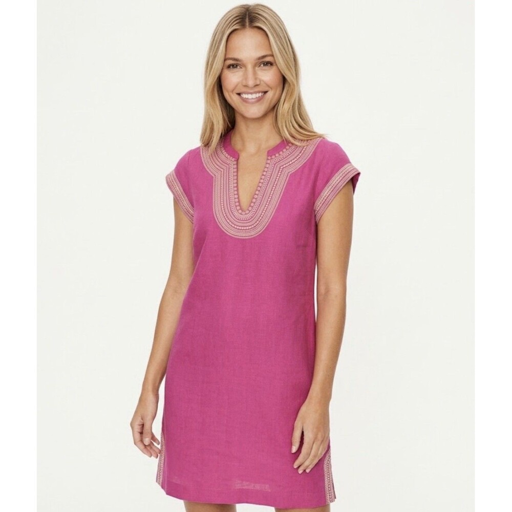 Boden Linen Dress Womens Size 10P Embroidered Trim Pink Tunic